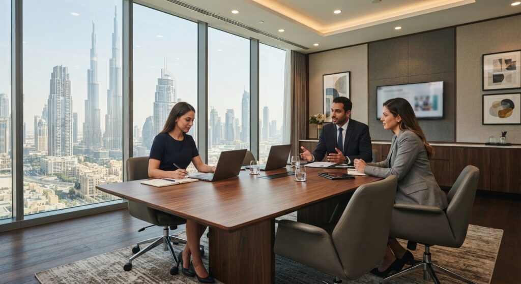 professionals working in furnished office space in Dubai