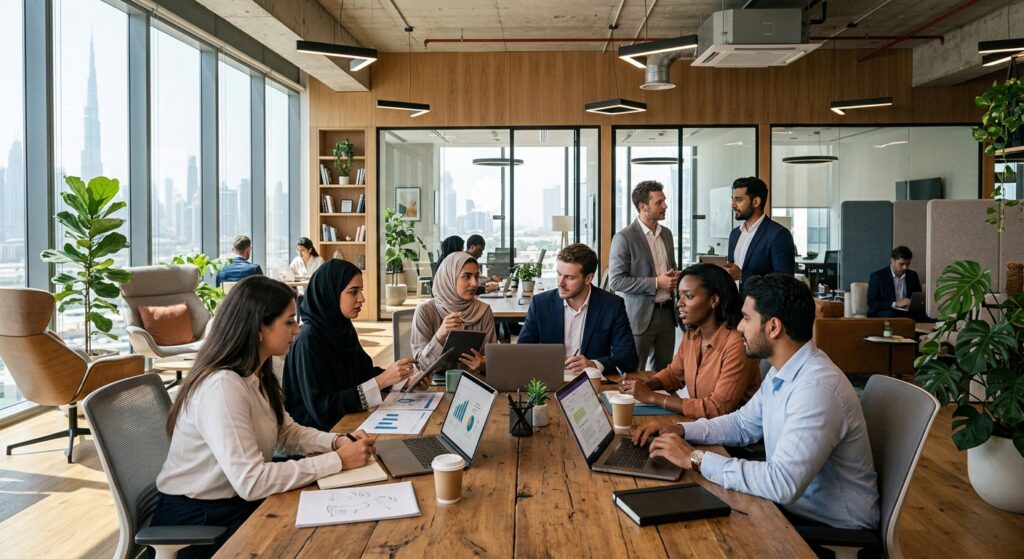 professionals collaborating in shared workspace Dubai