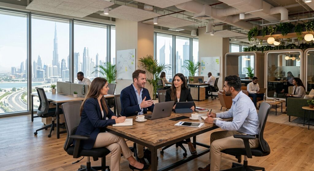 professionals working in flexible office space Dubai