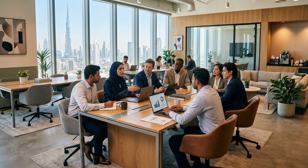 professionals working in coworking space Dubai