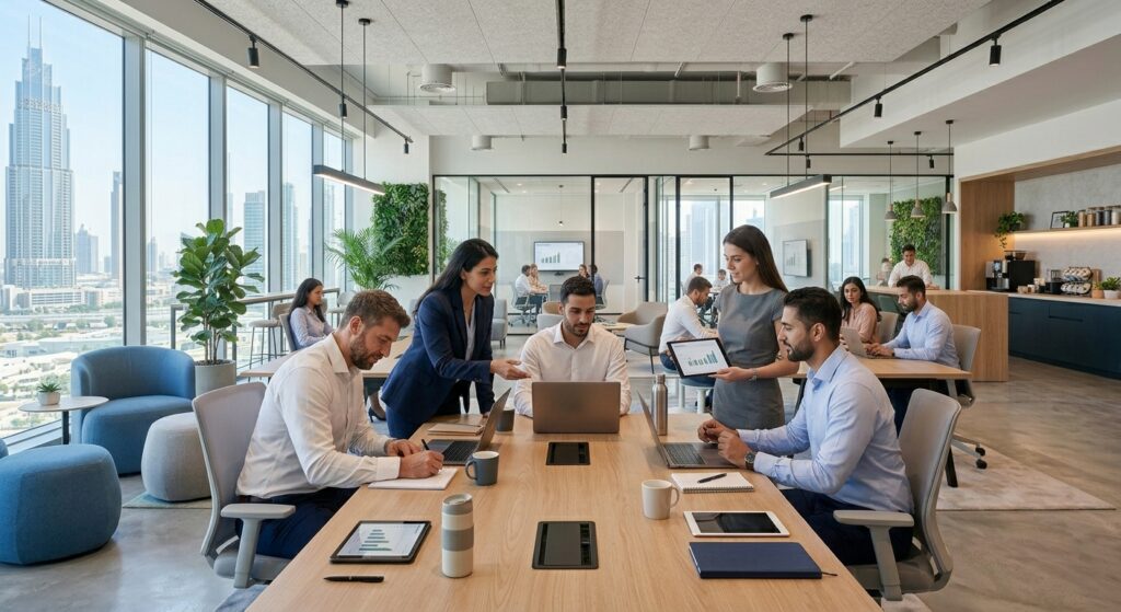professionals working in shared space Dubai