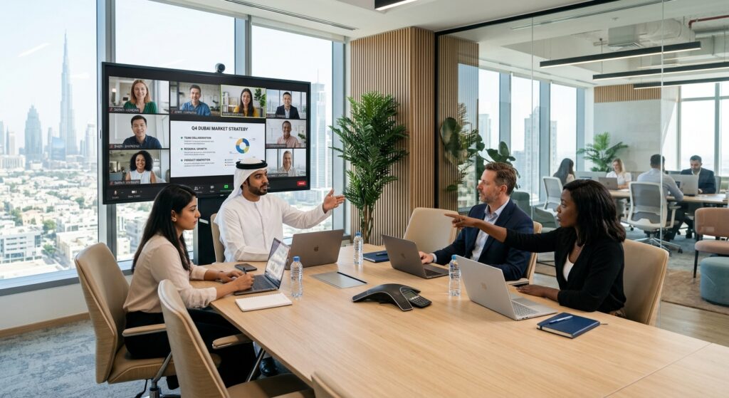 professionals collaborating in hybrid workspace Dubai