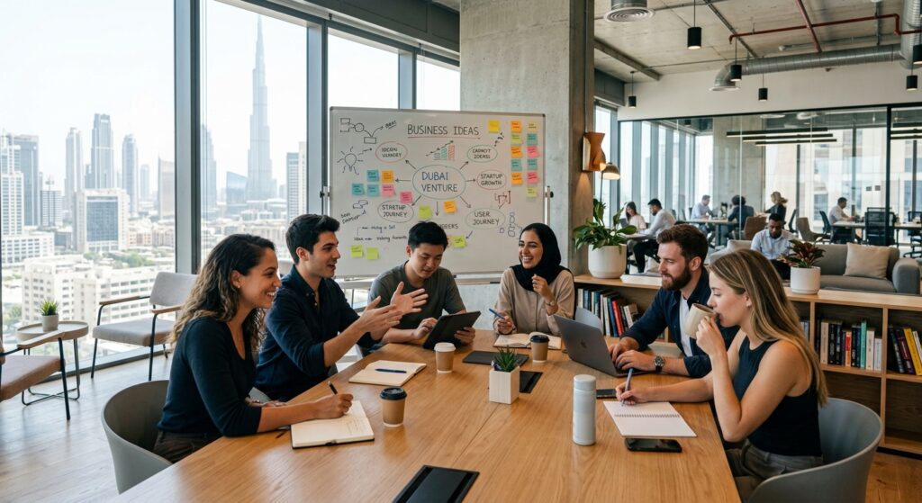 entrepreneurs working in startup office space in Dubai