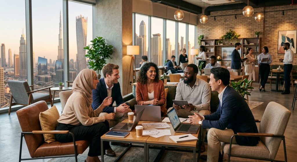 professionals networking in coworking space Dubai