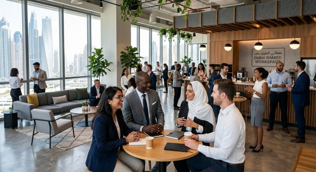 professionals networking in shared workspace Dubai
