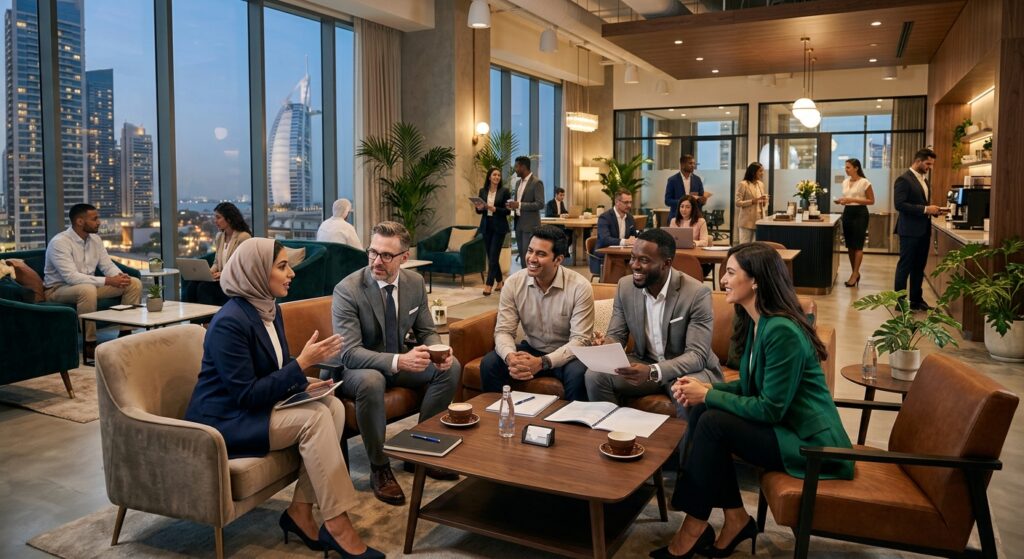 professionals networking in coworking hub in Dubai