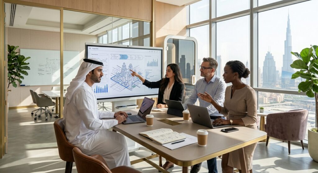 professionals collaborating in coworking workspace in Dubai