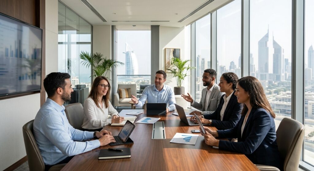business professionals working in serviced office in Dubai