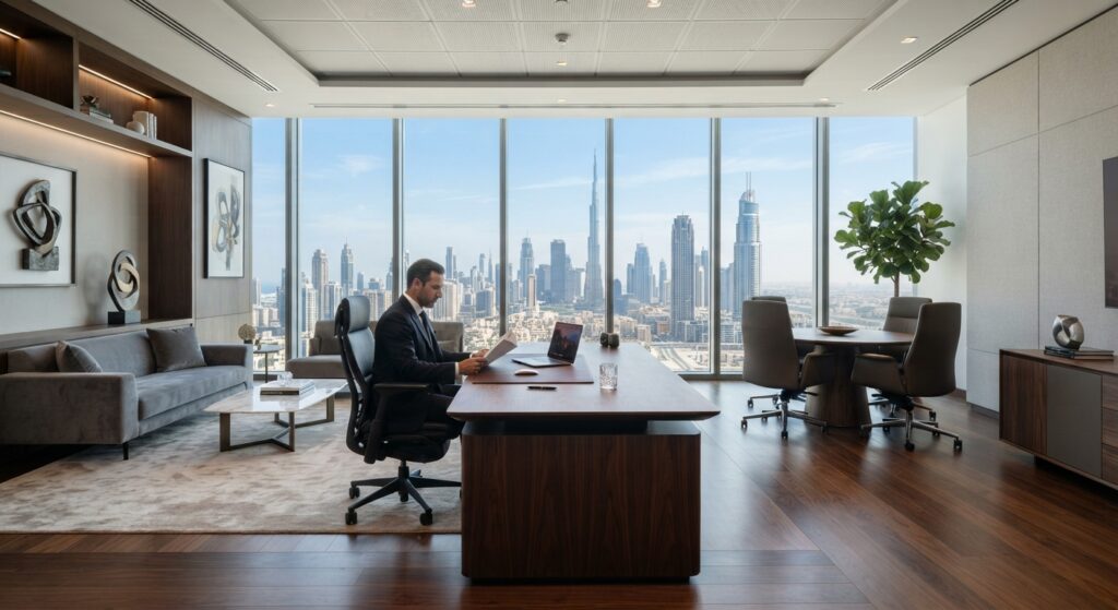 furnished office space in Dubai with modern office furniture