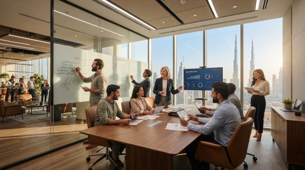 Professionals collaborating in shared workspace in Dubai