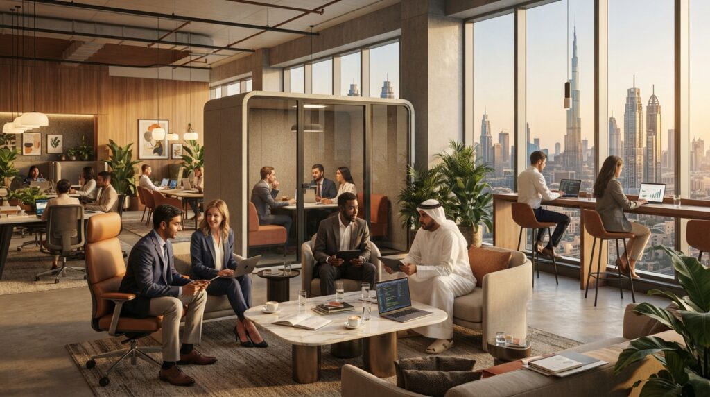 Professionals collaborating in a flexible workspace in Dubai