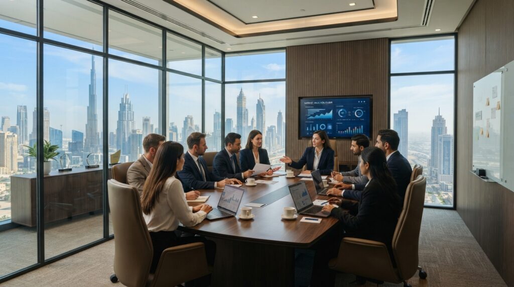 Business professionals working in commercial office space in Dubai